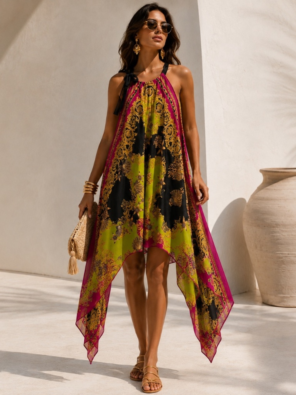 NWT Sauvage California 100% Italian Silk Baroque Resort Tent Dress OS cruise